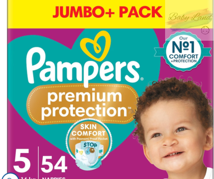БЕЗПЛАТНА ДОСТАВКА ДО БОКС НАУ Pampers Premium Protection Jumbo+ Pack – Размер 5, 54 бр. | Skin Comfort технология, Poonami Proof Pocket, до 12 часа сухота, оригинален UK внос