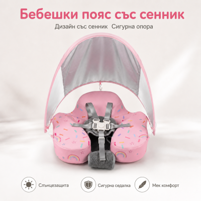 Бебешки пояс със сенник за 6 до 36 месеца | UV защита UPF 50+, стабилен и безопасен пояс с облегалка и регулируеми колани – подходящ за море, басейн и надуваем басейн, летен хит на супер цена
