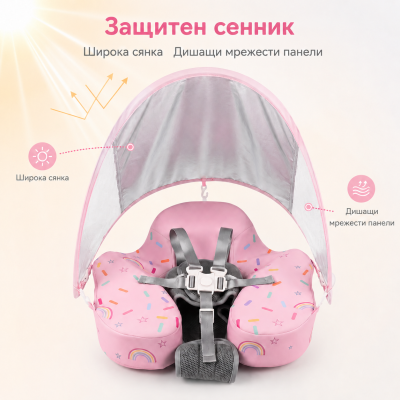Бебешки пояс със сенник за 6 до 36 месеца | UV защита UPF 50+, стабилен и безопасен пояс с облегалка и регулируеми колани – подходящ за море, басейн и надуваем басейн, летен хит на супер цена